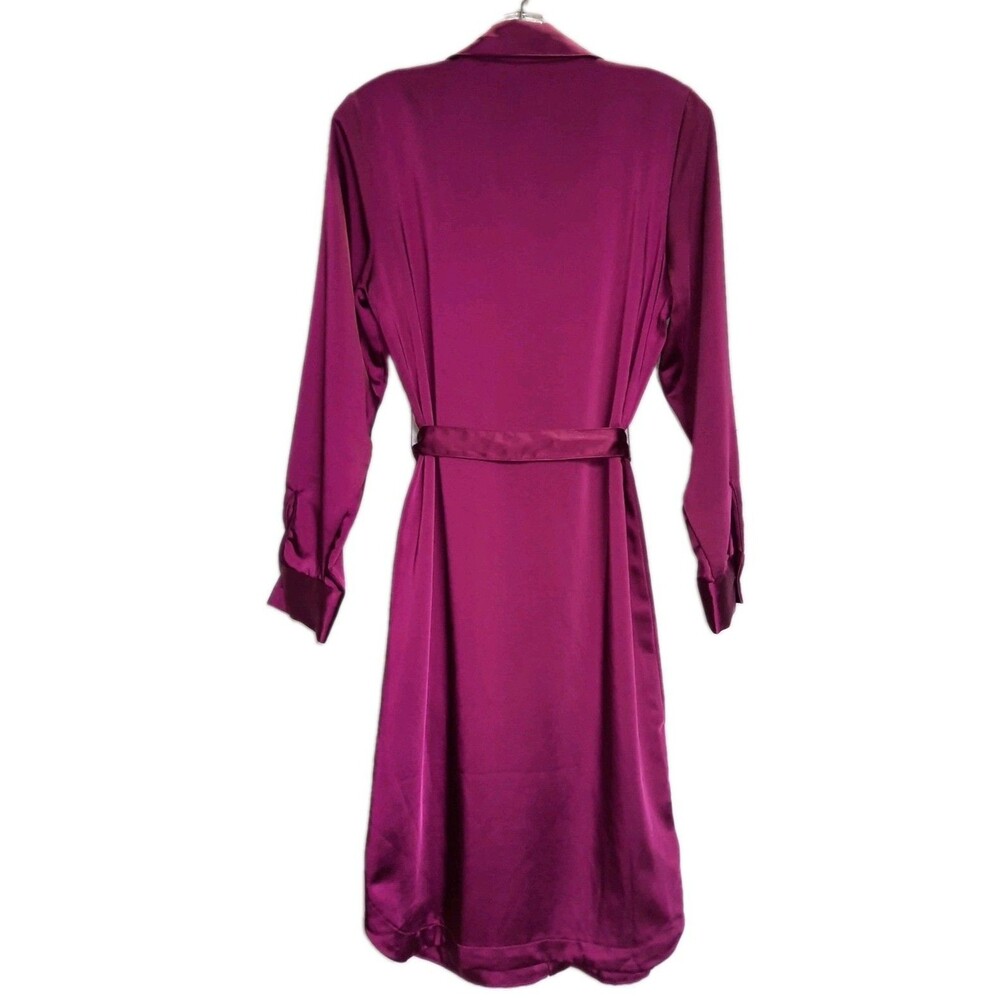 RACHEL ZOE Magenta Wine Satin Shirt Dress Belted Midi Silk Look Long Sleeve M - Picture 3 of 6
